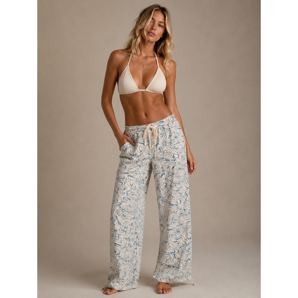 Bailey Rose Blue Marble Swirl Print Wide Leg Cargo Pants Cream Small BRP17092DG